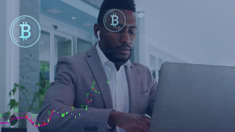 Animation-of-data-processing-and-bitcoin-symbols-over-african-amercian-businessman-using-laptop