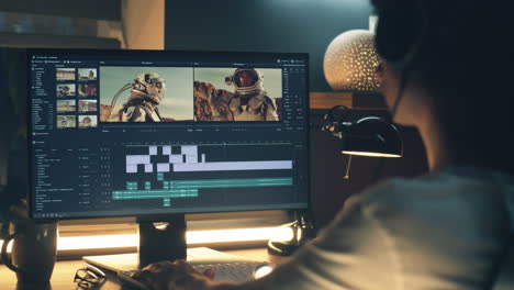video editor working on space-themed project