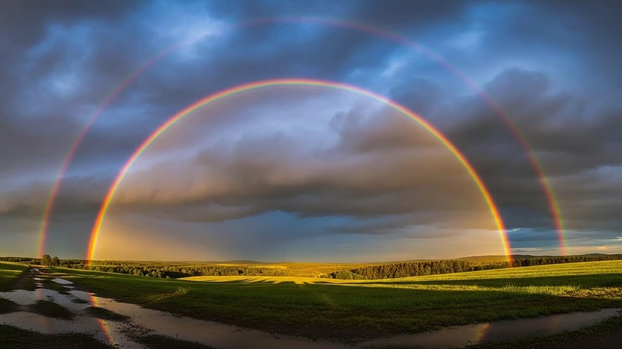 A Stunning Double Rainbow Arches Over Lush Green Fields Under Dramatic Cloudy Skies, Capturing the Beauty of Nature's Spectacle in Vivid Colors and Breathtaking Scenery