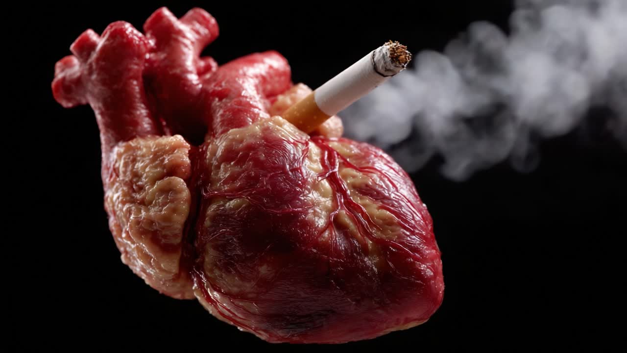 A striking representation of the dangers of smoking, featuring a detailed, realistic heart entwined with a cigarette, symbolizing the health risks associated with tobacco use