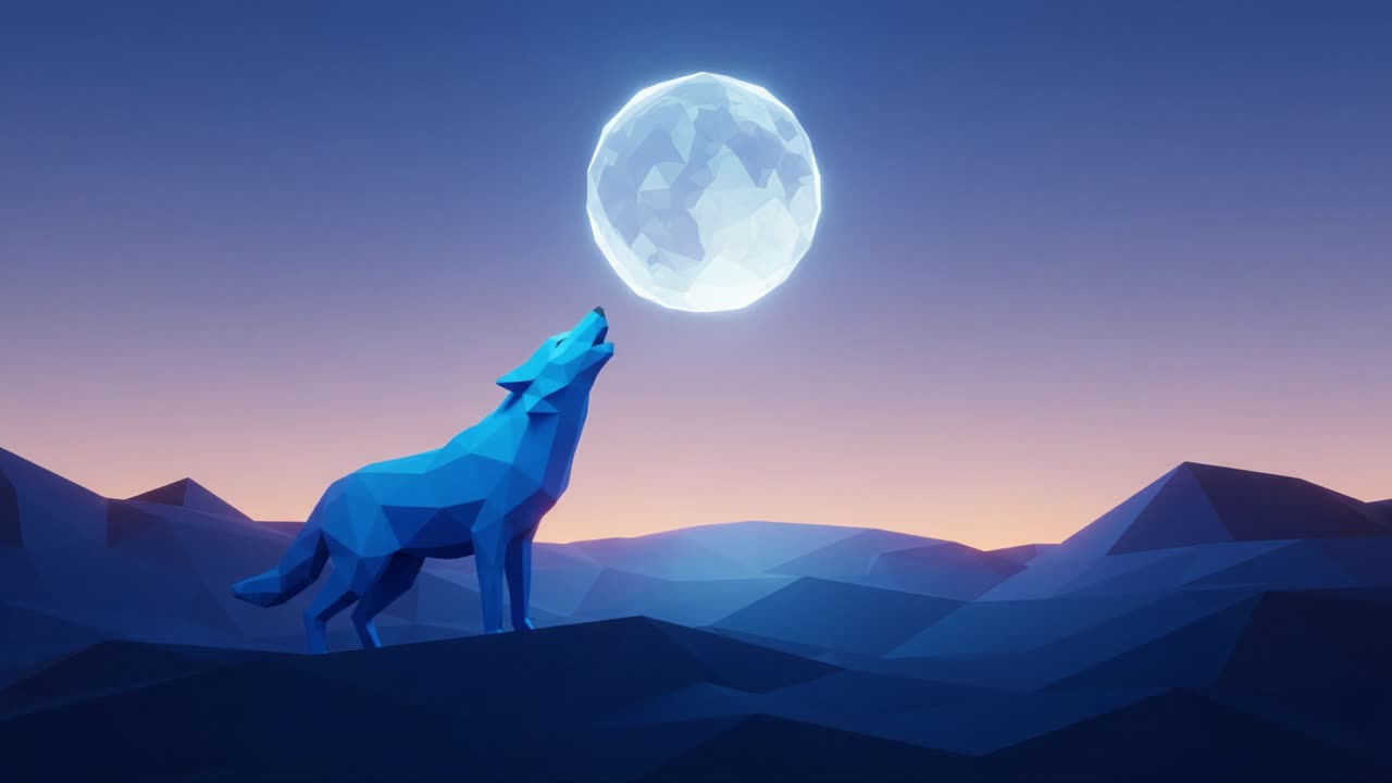 A striking digital art piece features a blue polygonal wolf howling at a luminous moon in a serene twilight landscape, creating a captivating and atmospheric scene