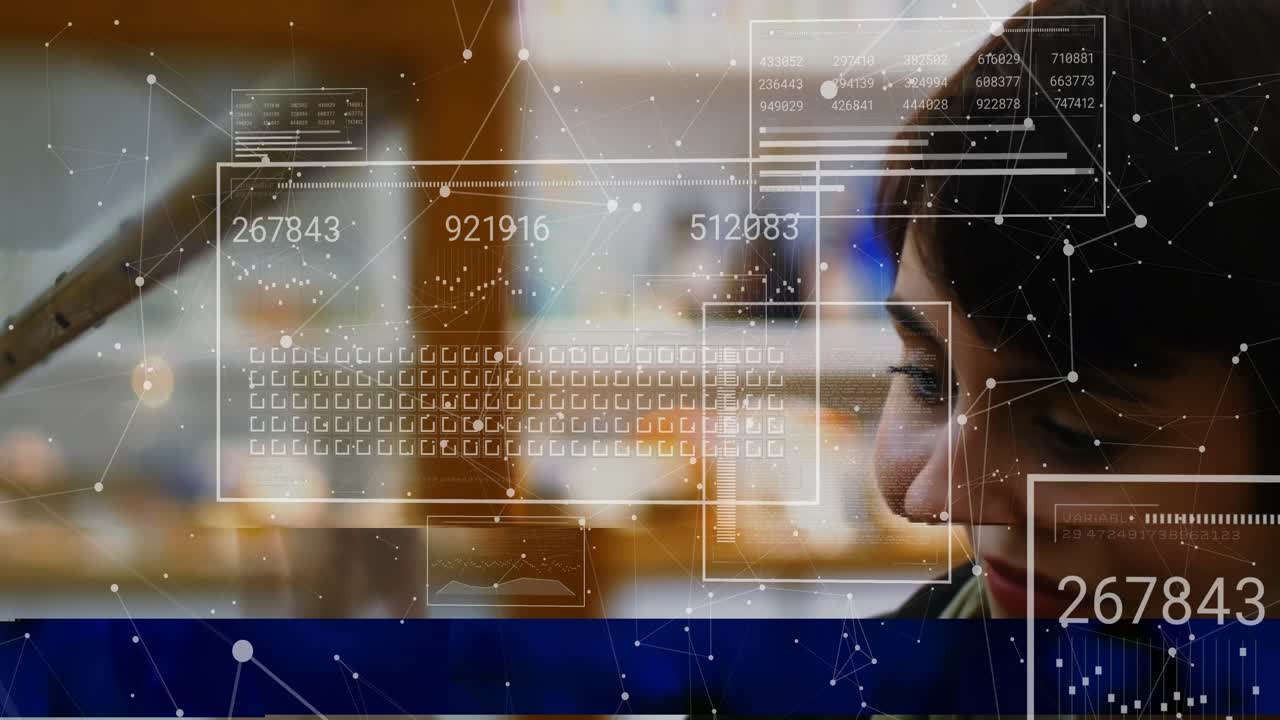 Empty frame revealing technology HUD starting cycling panels and woman analyzing data for insight