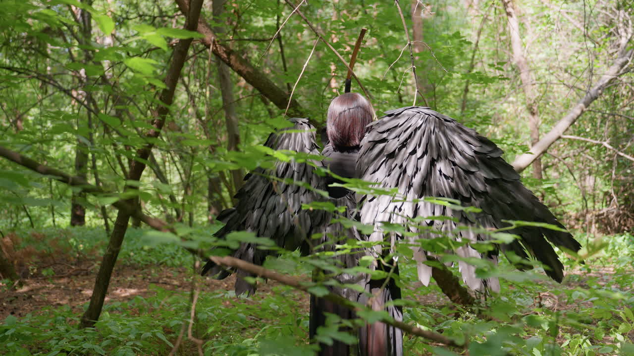 Back view of woman with black wings stepping forward through lush green forest carrying bow, sunlight filtering through branches, scene filled with mystery