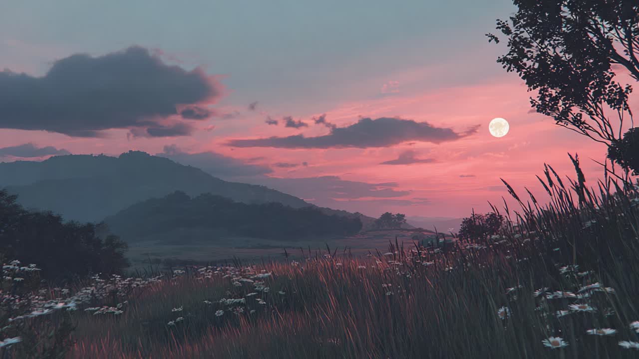 A Tranquil Sunset over the Rolling Hills and Lush Grasslands, Bathed in Pink and Orange Hues, Highlighting Nature's Beauty and Serenity in the Evening Sky
