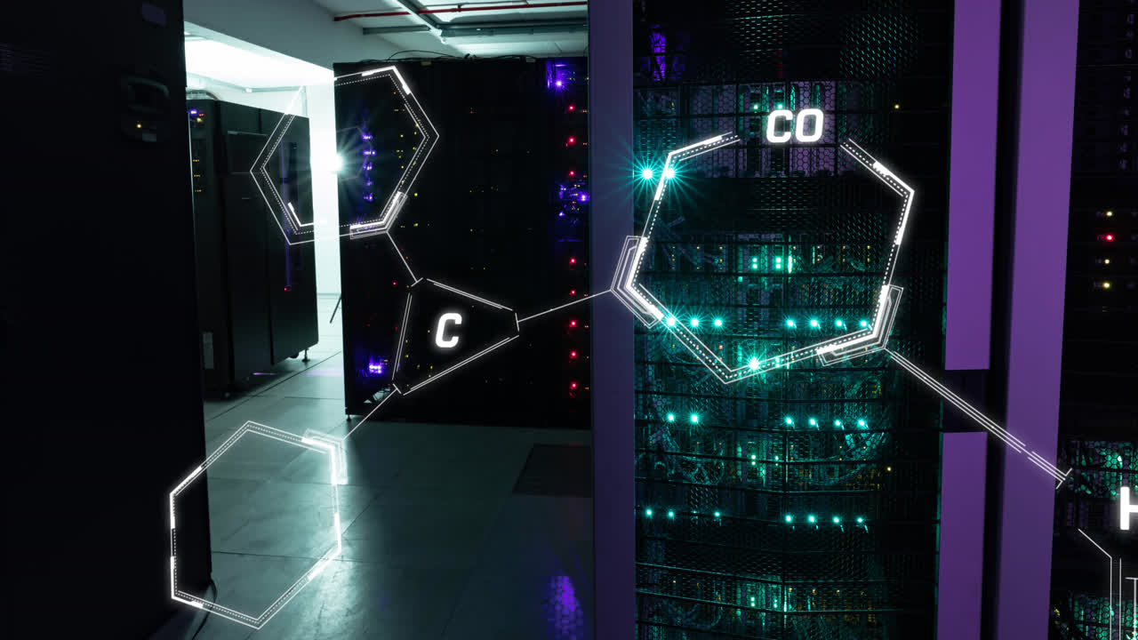 animación de estructuras químicas flotando contra la sala del servidor de computadora