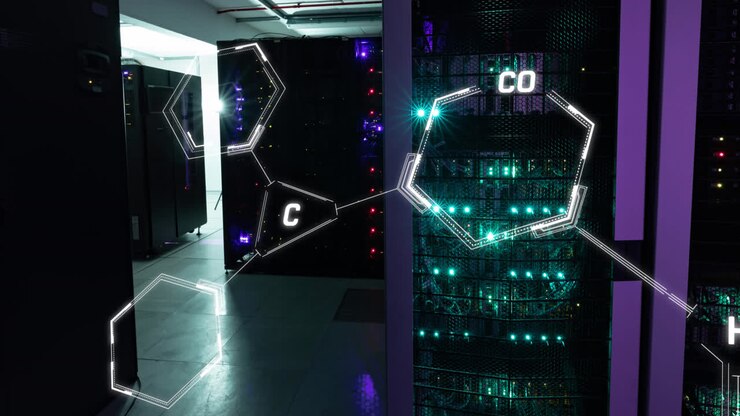 Animation of chemical structures floating against computer server room