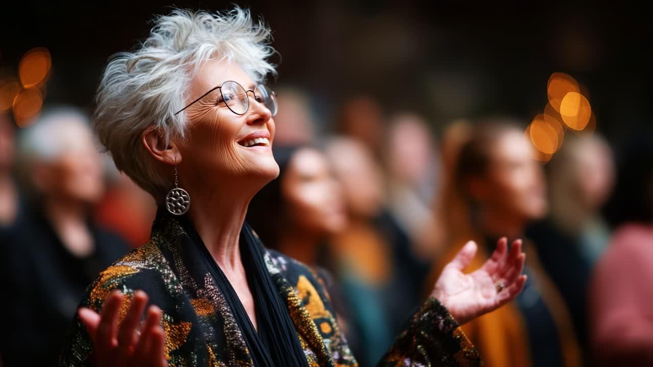 An Inspiring Moment of Joy and Connection: An Elderly Woman Experiencing Pure Happiness Surrounded by a Supportive Crowd, Capturing the Essence of Togetherness in a Heartwarming Scene