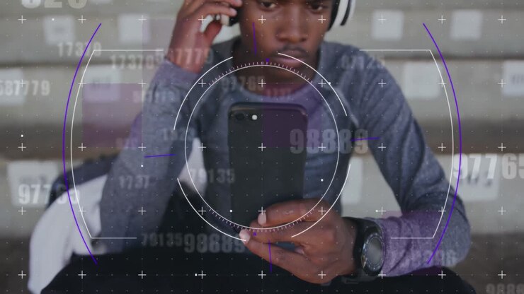 Animation of digital data processing over male athlete using smartphone and headphones