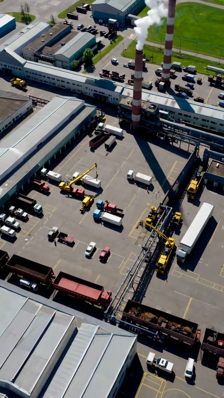 Aerial View of Industrial Complex with Trucks and Machinery