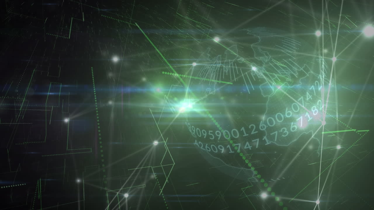 Animation of globe with numbers and network of connections with glowing spots