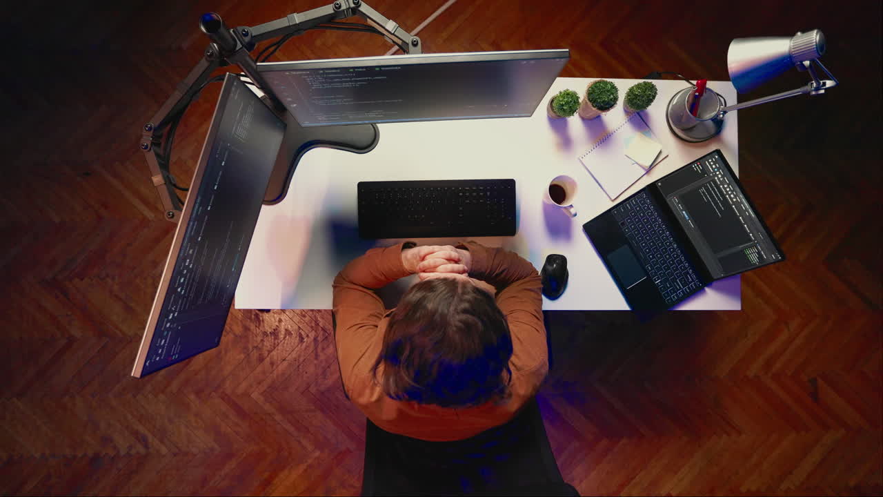 IT professional enjoying audio podcast, coding on desktop PC, top down view