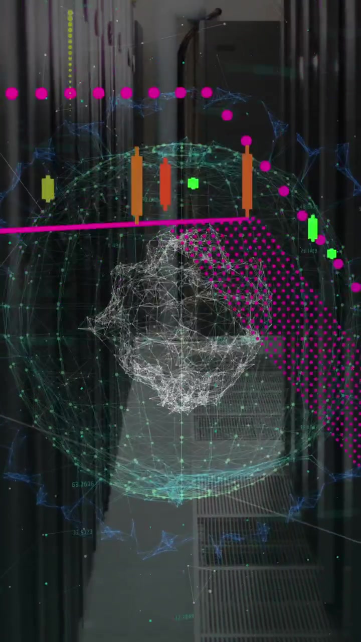 Animation of graphs with numbers over connected dots forming globes against server room