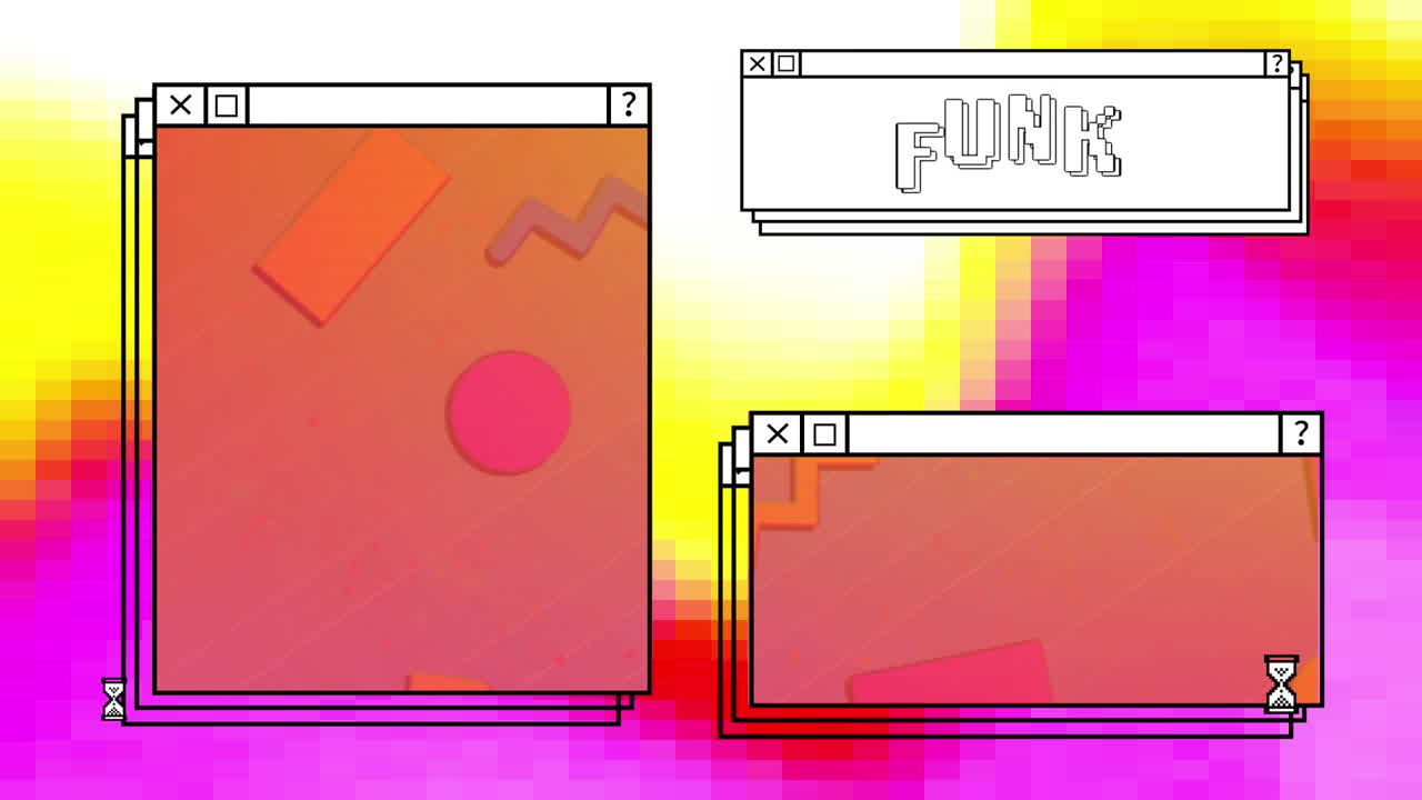 Animation of geometric shapes, hourglass, funk text in computer interface over abstract background