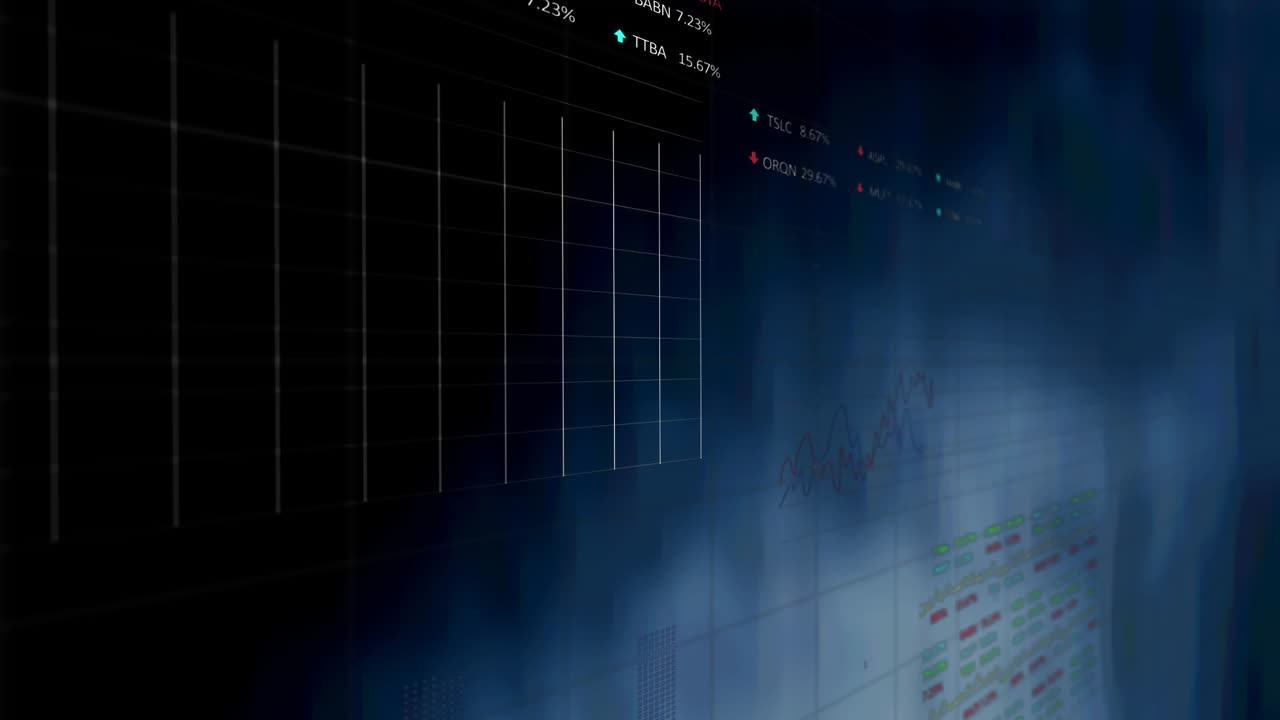 Animation of financial data processing over grid on blue background