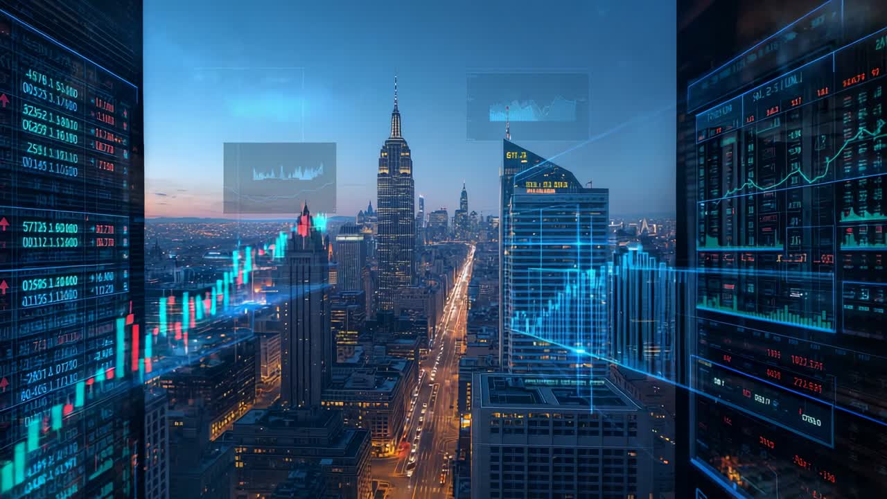 Ticker panel sliding at dusk causing hologram panel emerging candlestick chart rising over city
