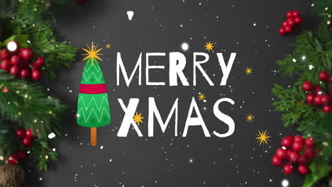 Animation-Von-Merry-Xmas-Text-über-Schnee-Auf-Grauem-Hintergrund