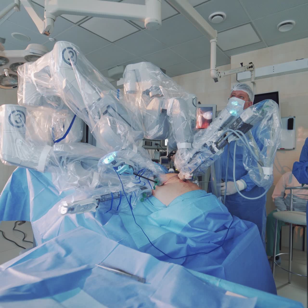 Medical surgical robot, cancerous tumor removal surgery. Modern medical equipment. Minimally Invasive Robotic Surgery System.