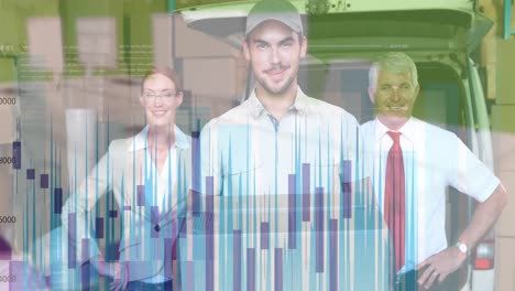 animation of financial data processing over diverse workers in warehouse