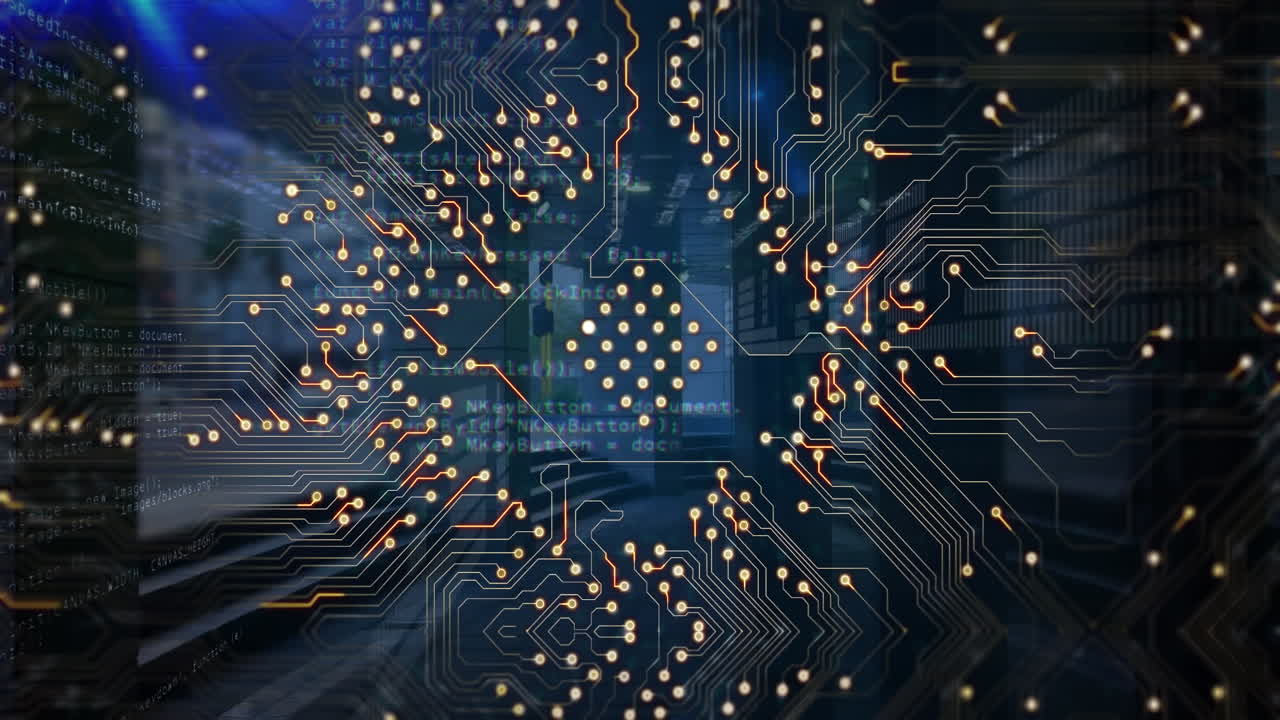 Animation of integrated circuit and data processing on blue digital screen with lights