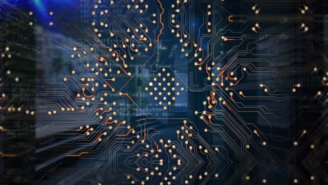 animación de circuitos integrados y procesamiento de datos en pantalla digital azul con luces