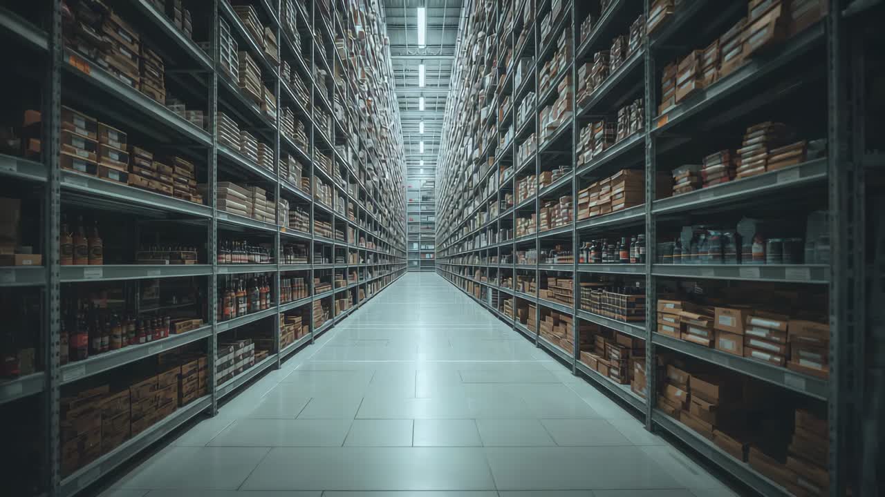 Tracking aisle advancing as camera moves to show scale through warehouse, with racks boxes bottles