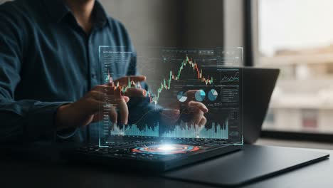 a financial analyst utilizing advanced technology for market analysis with interactive data visualization on a laptop screen in a modern workspace