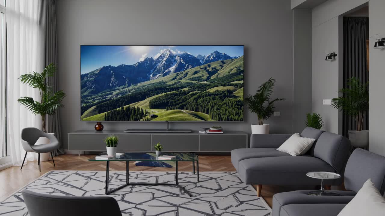 Modern living room with a large wall-mounted TV displaying a mountain video