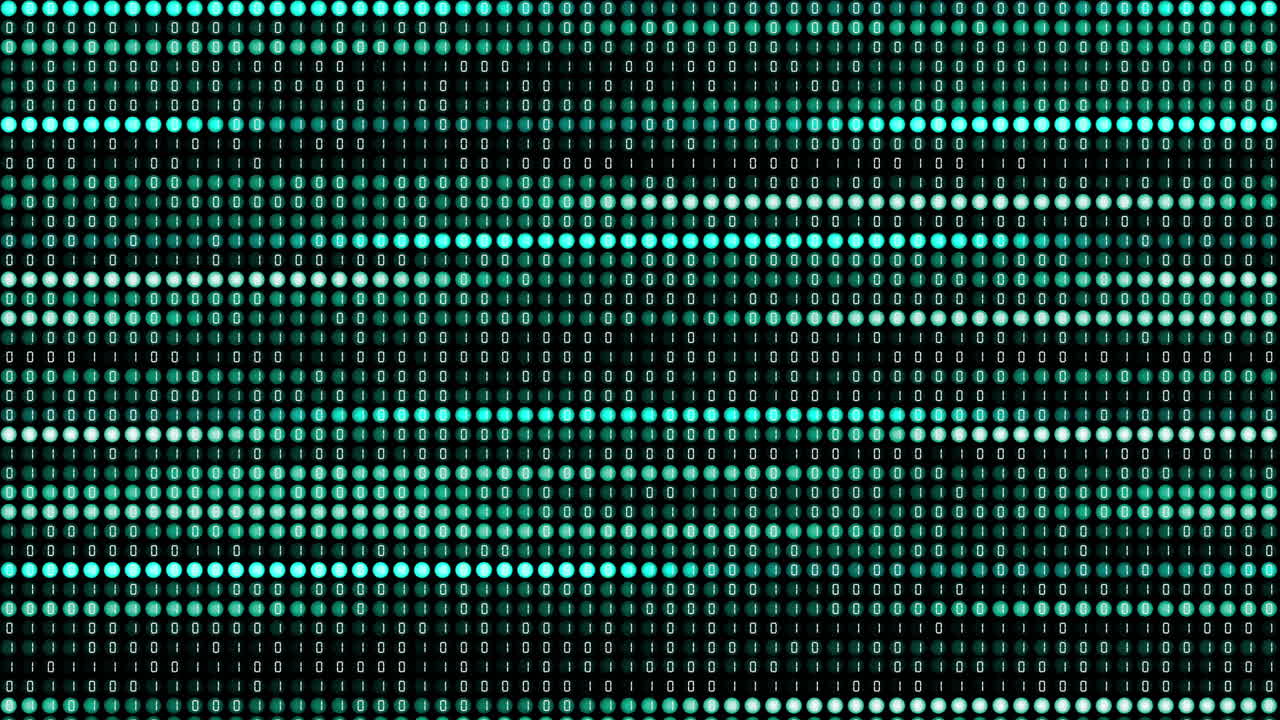 Binary code on screen with round glowing blue pixels. Variable digital computer code of ones and zeros. Looped animation with numbers in diodes.