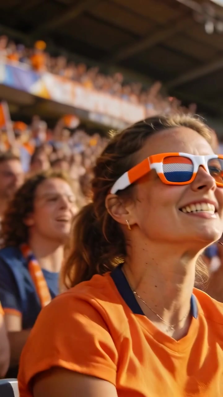 Vertikal video: Smilende orange fan hepper og hæver armene efter et stort spil på tribunen, iført solbriller.