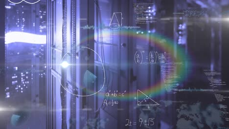 animation of rainbow lens flare over mathematical equations and data processing against server room