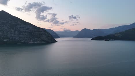 Lake Iseo Italy at stunning sunset with mountains in background drone,aerial