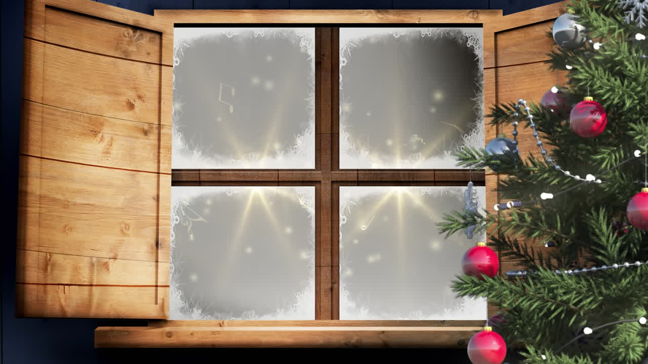 Christmas tree and wooden window frame against golden spots of light on black background
