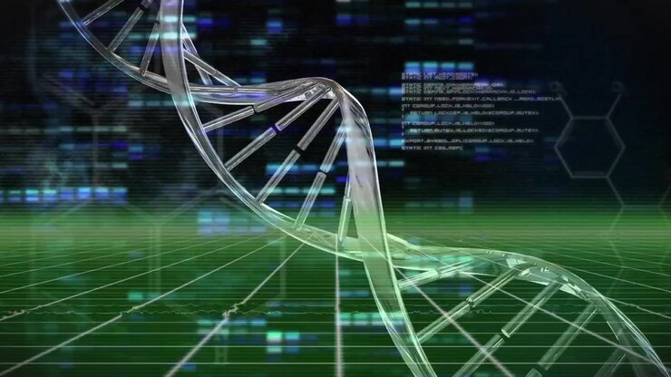 Green grid lighting activating DNA helix rotating while code fading visualizing genetic data flow