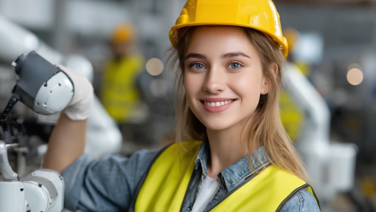 A confident young woman in a yellow safety helmet and high-visibility vest, working with advanced robotic machinery in a modern industrial setting, showcasing her expertise and engagement in technology