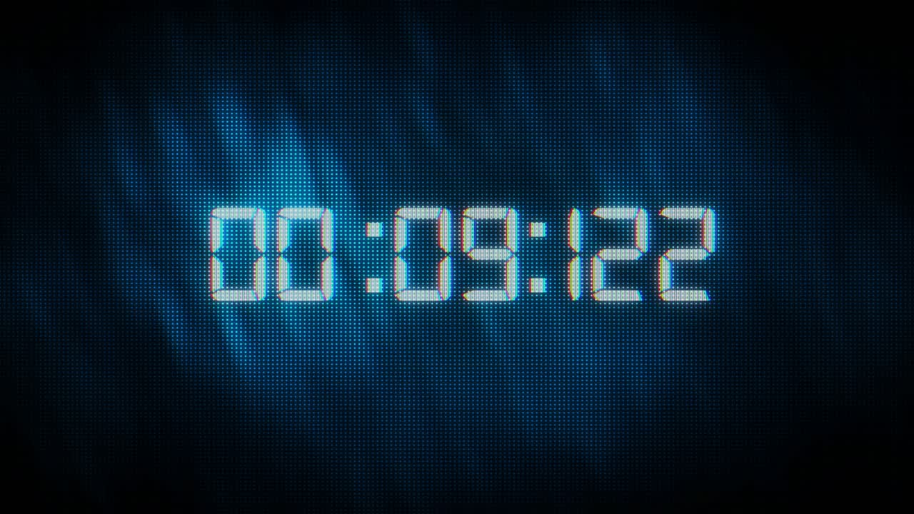 Countdown timer one minute digital tech clock timer of glowing led blue digits background 15 seconds