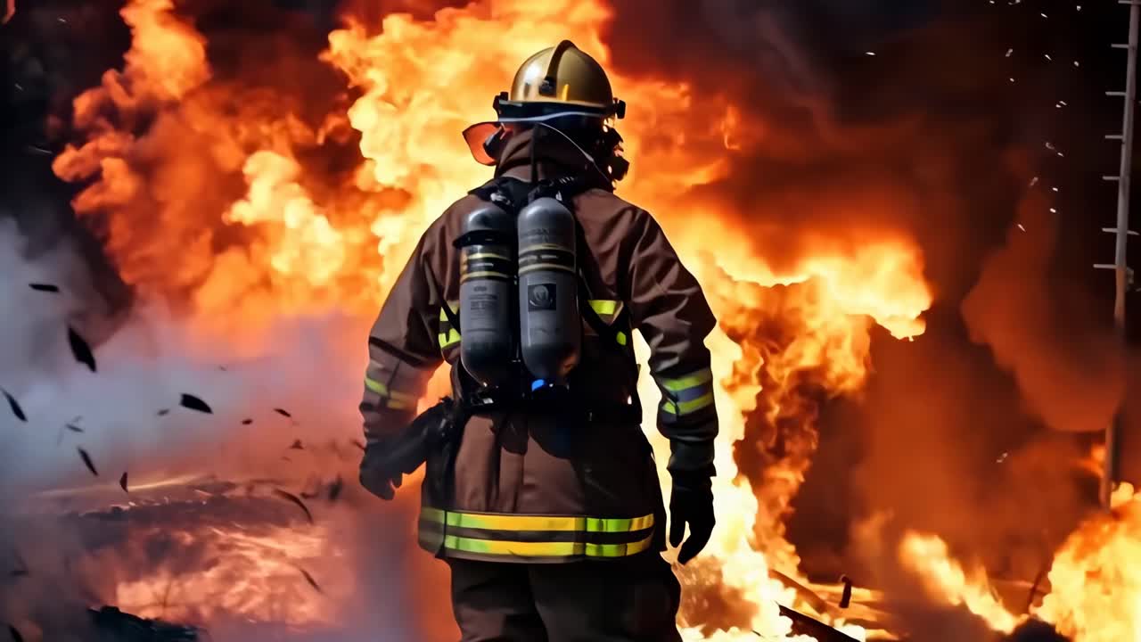 A firefighter in gear faces intense flames, captured from behind at eye level, conveying bravery