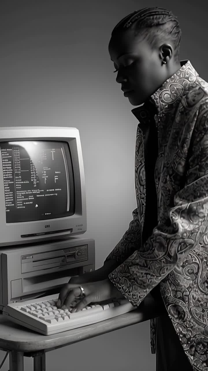 Eine stilvolle Person mit einem Vintage-Computer, die eine Mischung aus Technologie und Mode in einer zeitlosen Schwarz-Weiß-Umgebung präsentiert.