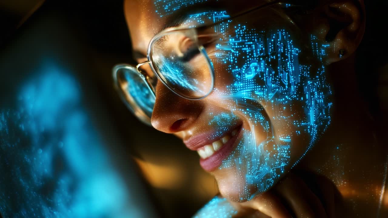 Exploring the Intersection of Technology and Emotion: A Close-Up of a Smiling Woman with Digital Projections Illuminating Her Face, Capturing the Magic of Modern Connectivity