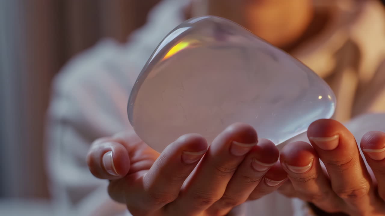 Woman Holding a Clear, Glass-like Object