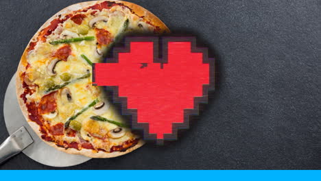 animation of heart icons and pizza icons in repetition over pizza on grey background