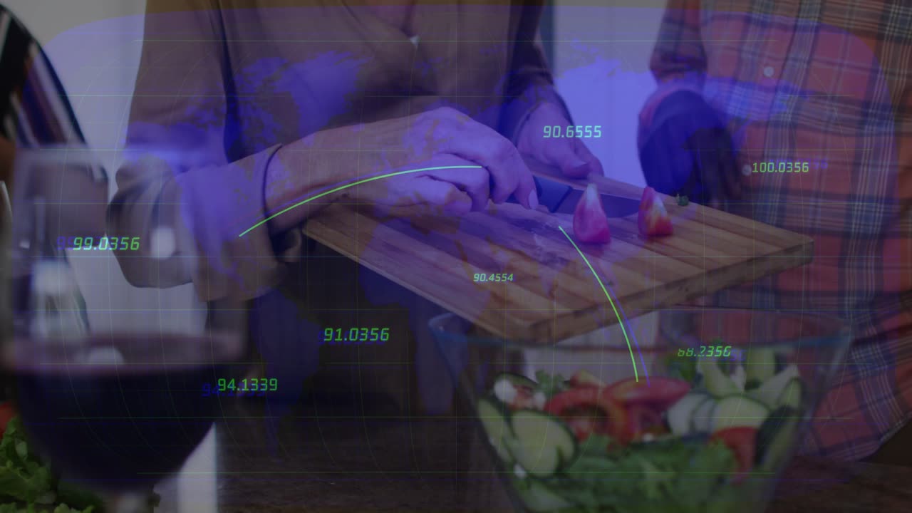 Placing board, woman slicing tomatoes into wedges for cooking with motion overlay tracking knife
