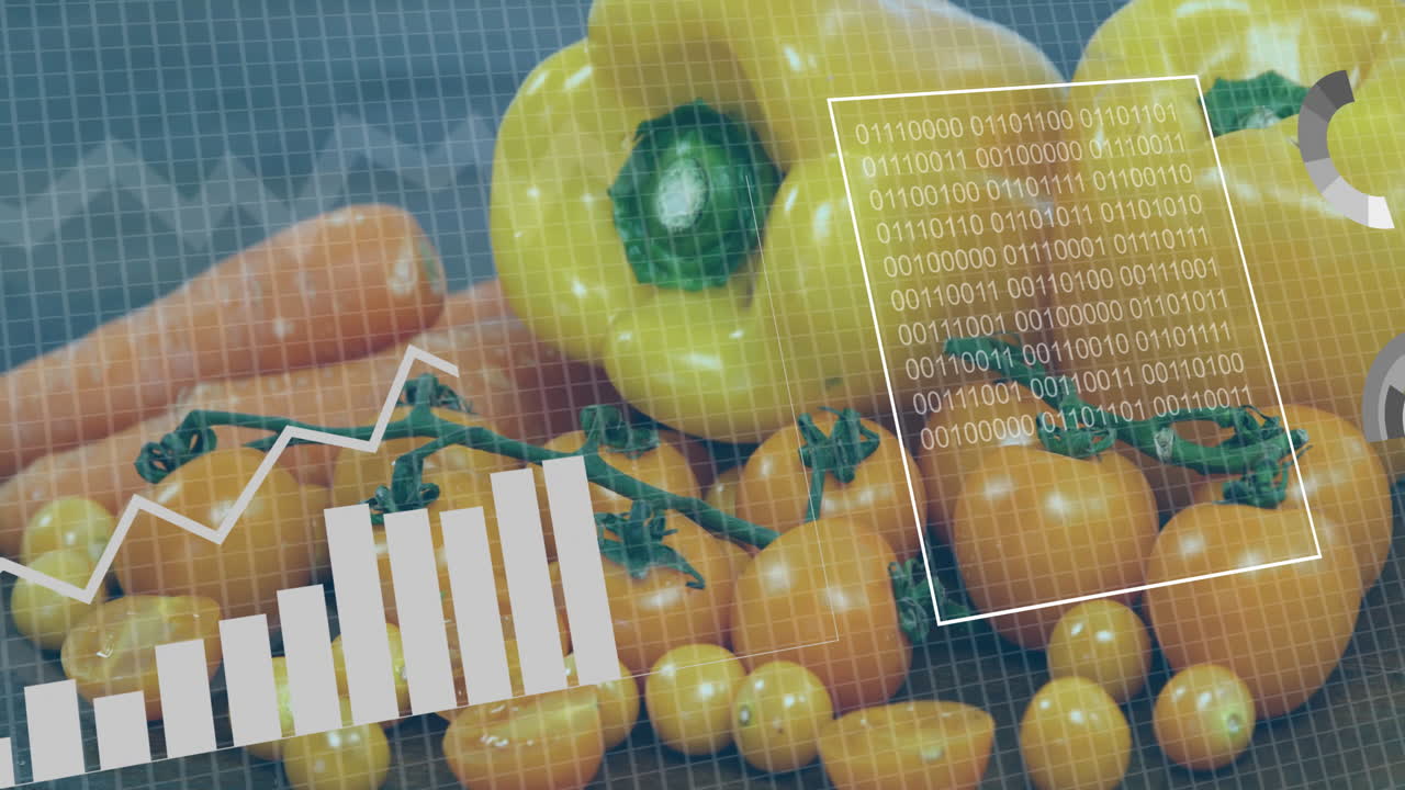 Yellow peppers and tomatoes with data charts and binary code overlay animation