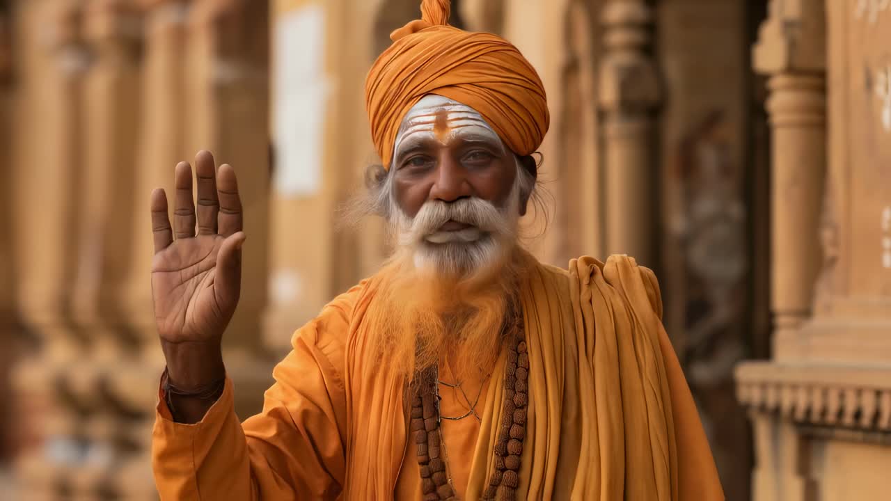 Elderly sadhu with orange turban and clothes, long white and orange beard and tilaka on his forehead, greets and looks around, standing in an indian temple