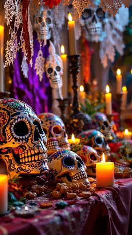 día del altar de los muertos con calaveras de azúcar y velas