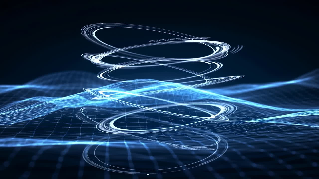 Blue Spiral Light Rings Above Grid, Dynamic Energy Vortex Pulses Across Digital Landscape With Flowing Data