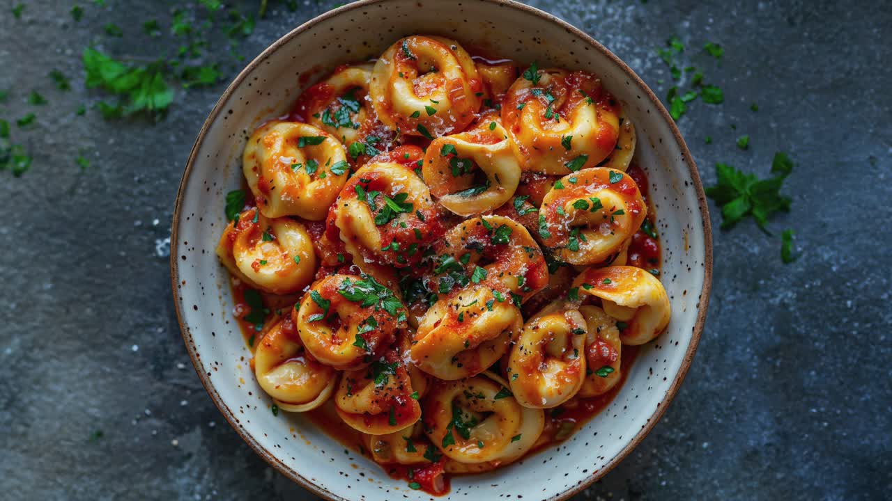 deliciosa pasta de tortellini con salsa de tomate y perejil fresco