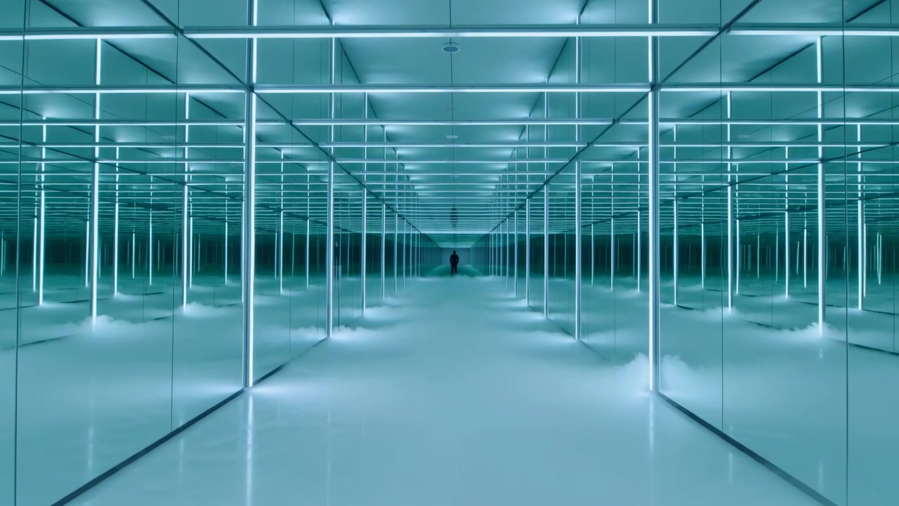 La telecamera avanza su carrello, approfondendo la prospettiva, con una piccola figura in piedi in una sala di specchi, barre LED e nebbia.