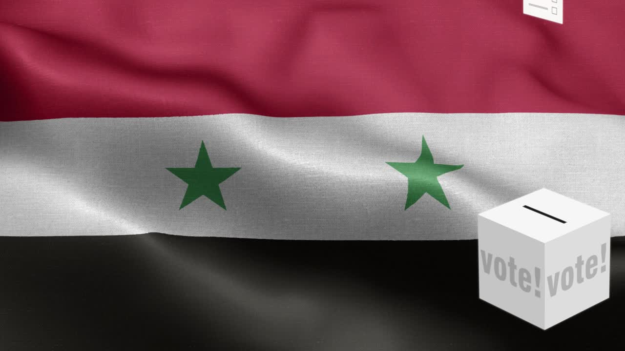 Ballots fly to box for Syria selection - Ballot box in front of flag - Election - Vote - Flag Of Syria - Syria Flag High Detail - National flag Syria wave Pattern loopable Elements - Fabric texture and endless loop