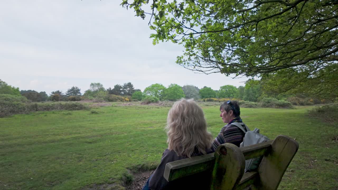 Kvinnliga partners sitter och njuter av sällskap i fridfull natur