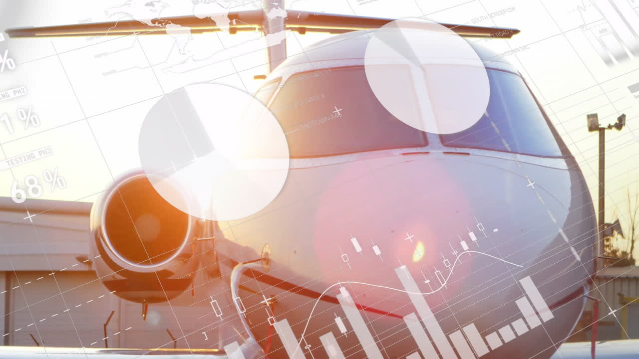 Airplane with financial data processing animation overlaying cockpit and engines